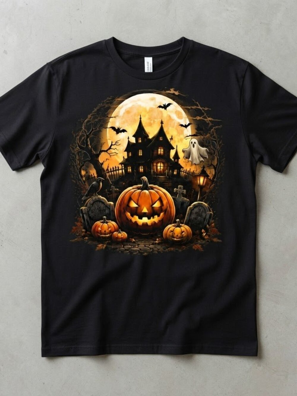 Halloween Spooky Haunted House Pumpkin Full Moon Graphic T-Shirt S-4XL